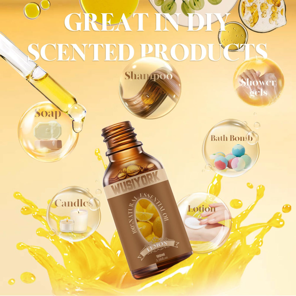 Close-up of lemon essential oil bottle label