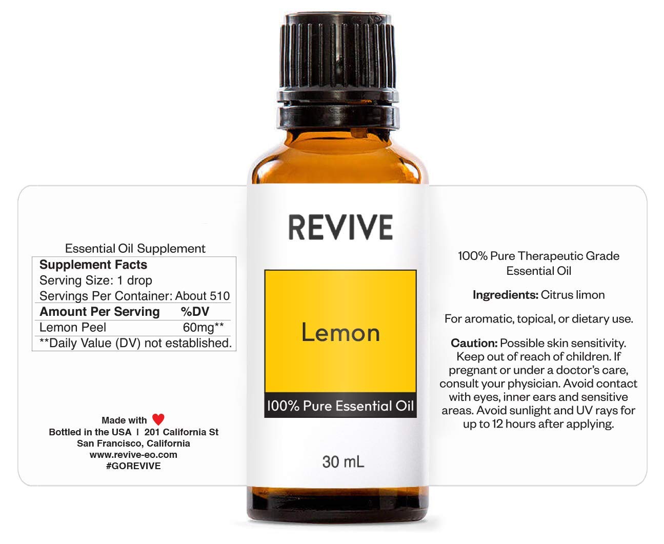 Lemon essential oil bottle label showing 100% Pure Therapeutic Grade
