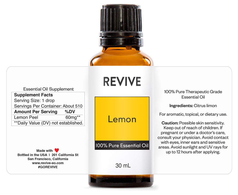 Lemon essential oil bottle label showing 100% Pure Therapeutic Grade