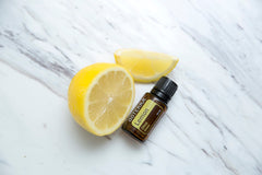 Close-up of lemon essential oil in a bottle