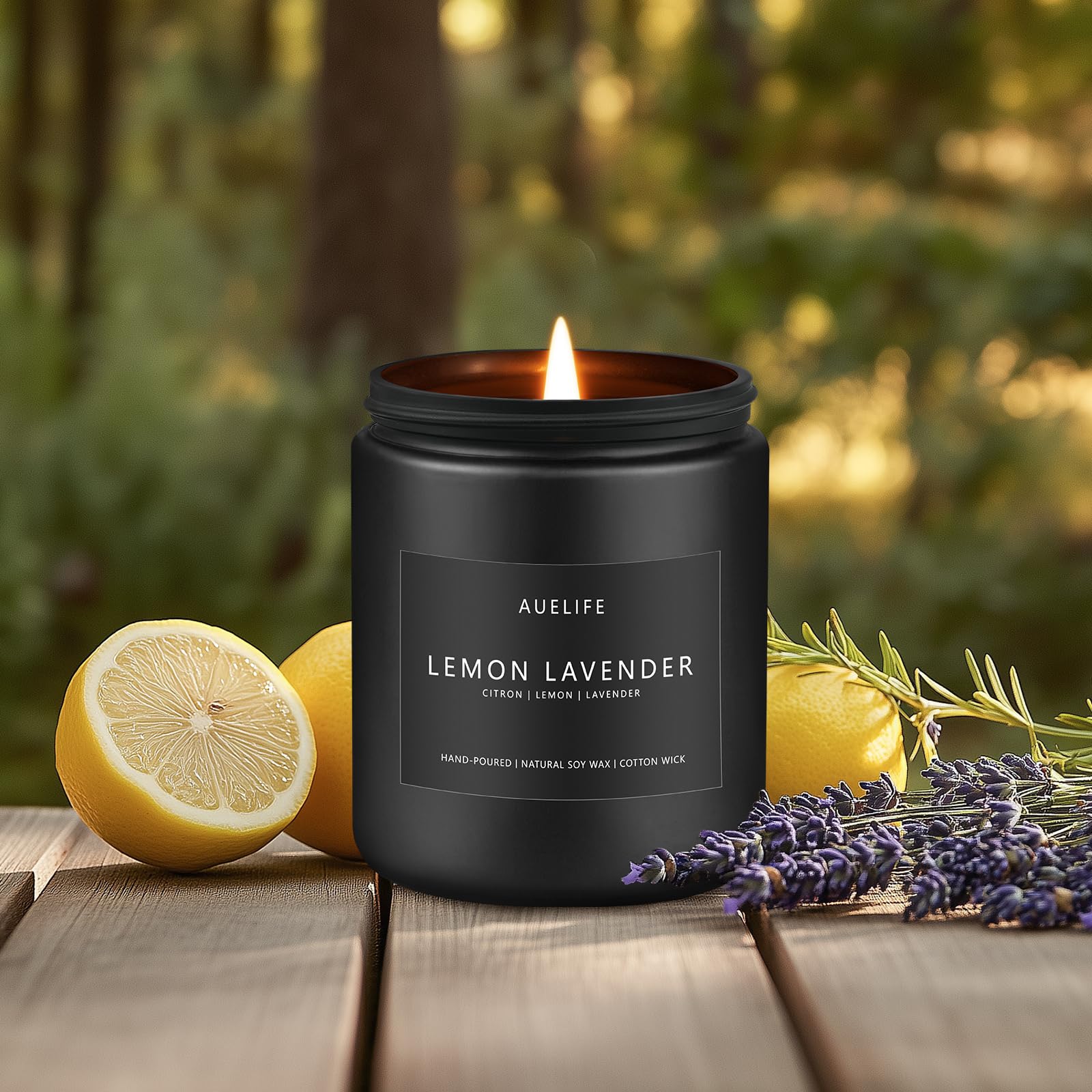 Lemon Lavender Soy Candle 7oz on rustic wood surface
