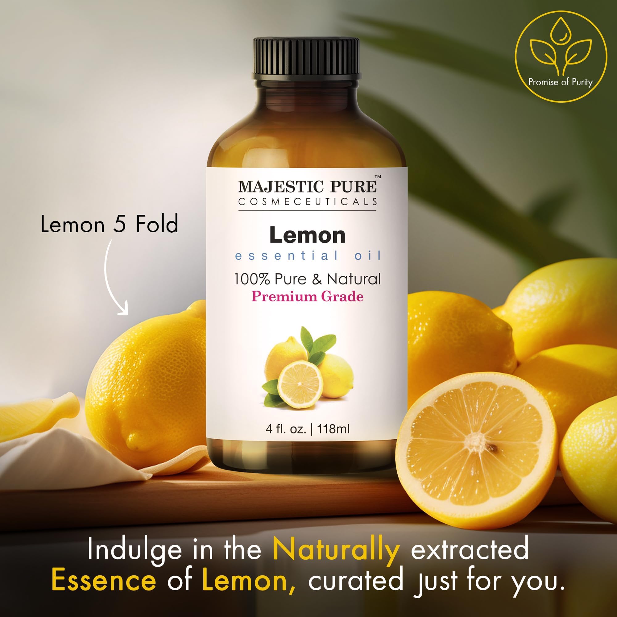 Close-up of lemon essential oil bottle with glass dropper