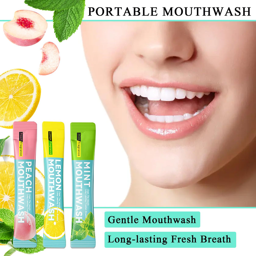 Mouthwash packets in lemon, peach and mint flavors