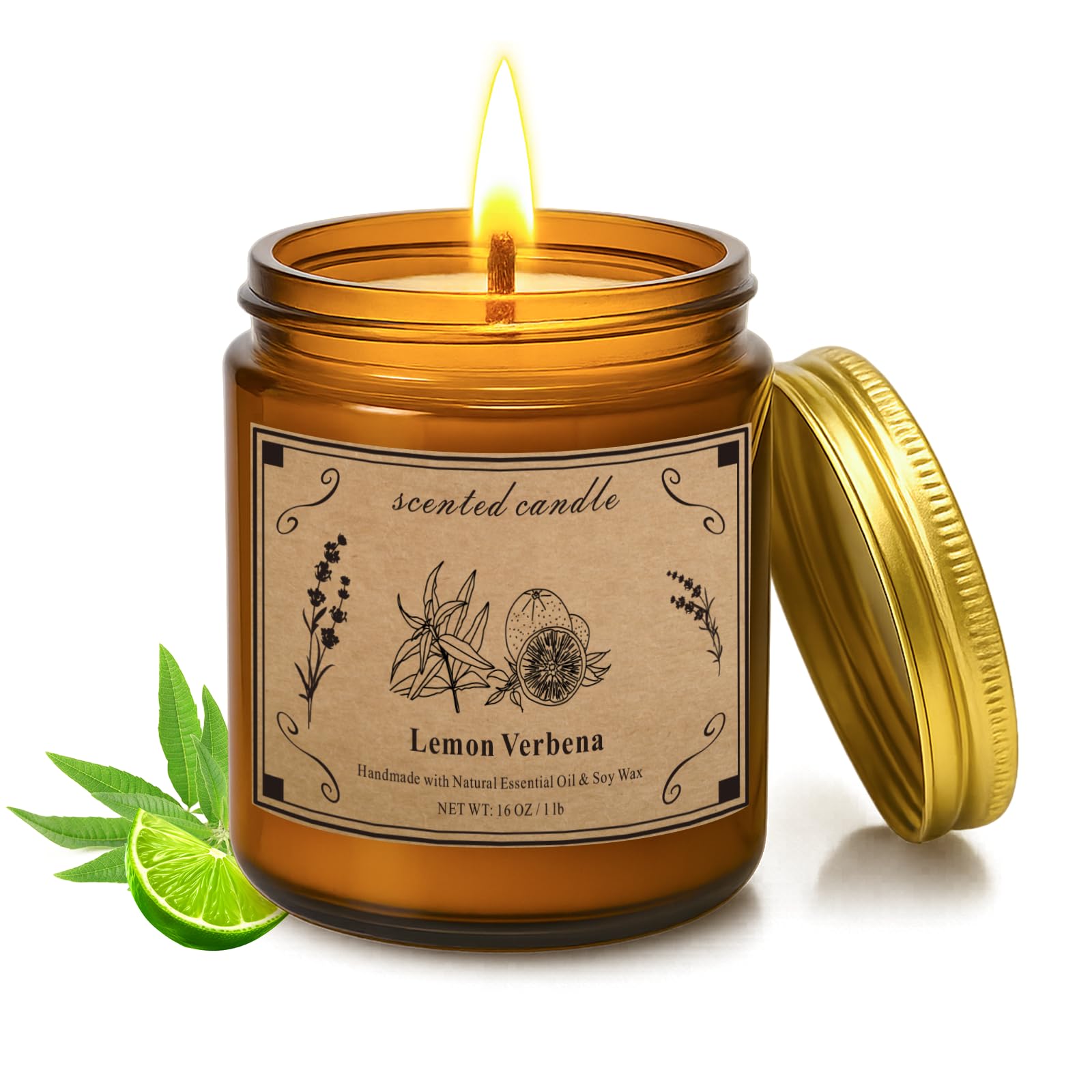 Lemon Verbena 16oz soy candle in amber glass jar