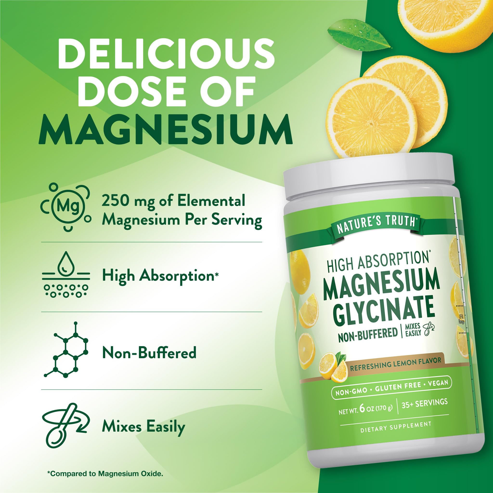 Lemon-flavored magnesium glycinate powder ready to mix