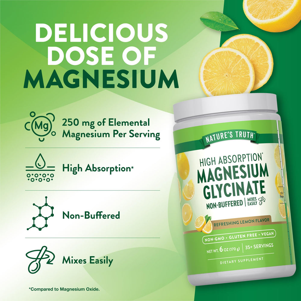 Lemon-flavored magnesium glycinate powder ready to mix