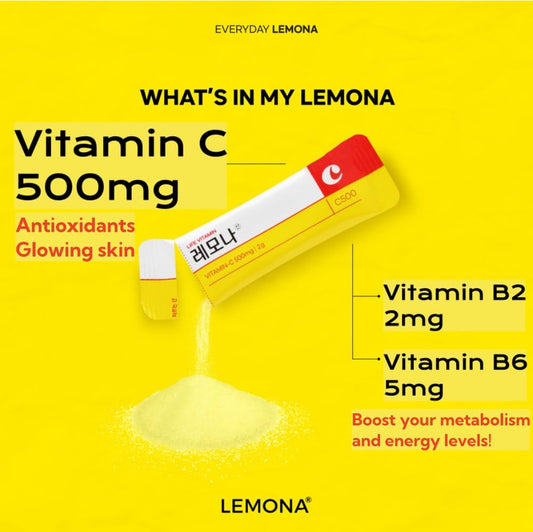 Close-up of a LEMONA vitamin C stick showing 500mg label
