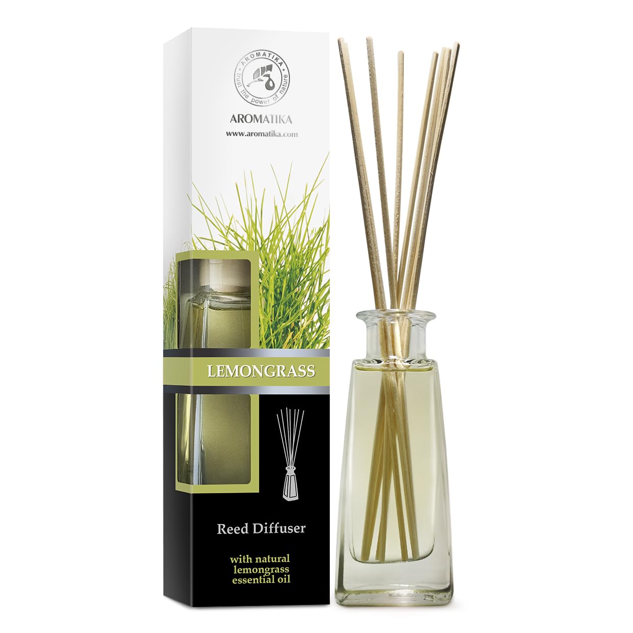 Lemongrass diffuser bottle and reeds on a white surface