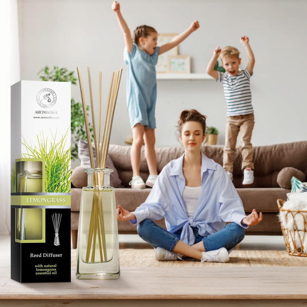 Office desk with lemongrass diffuser for aromatherapy