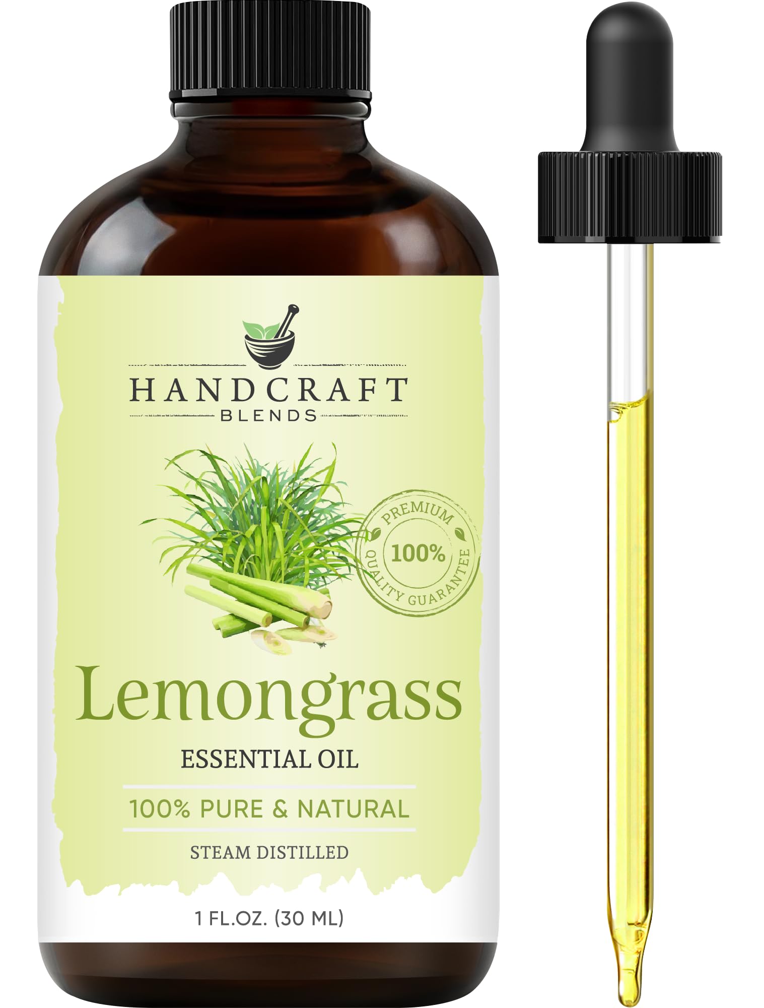 Amber glass bottle of lemongrass essential oil, 1 oz