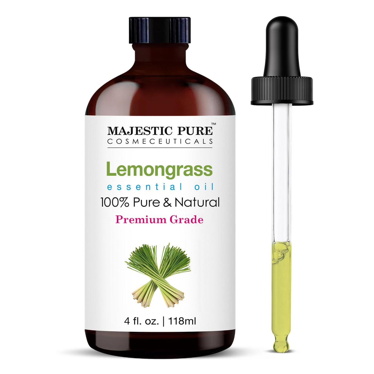 Majestic Pure Lemongrass Essential Oil bottle with glass dropper