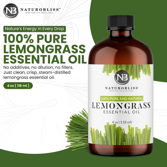 Close-up of amber glass bottle of lemongrass essential oil