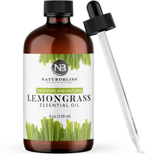 NaturoBliss lemongrass essential oil in amber glass bottle with dropper