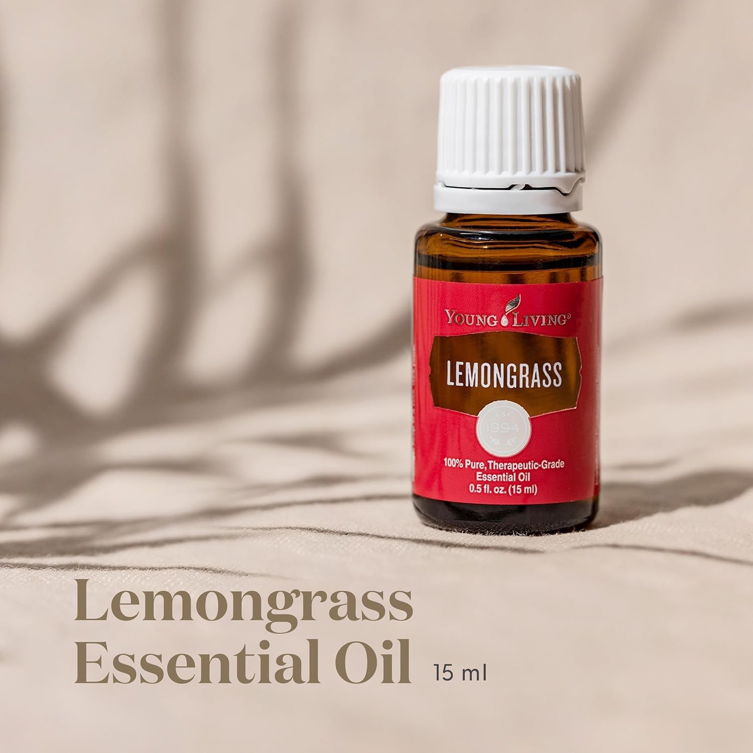 Angled view of Lemongrass Essential Oil bottle