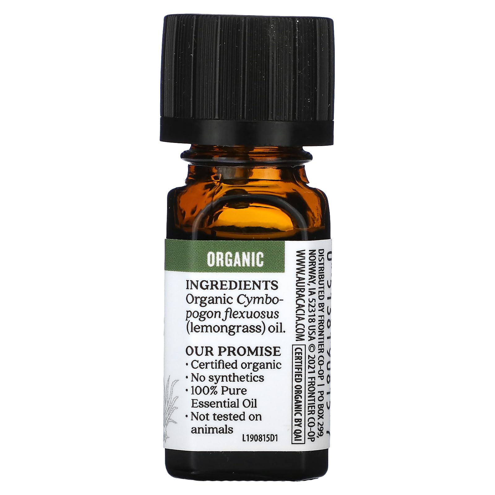 Close-up of Aura Cacia Lemongrass Essential Oil bottle