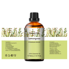 Close-up of Lemongrass essential oil bottle label