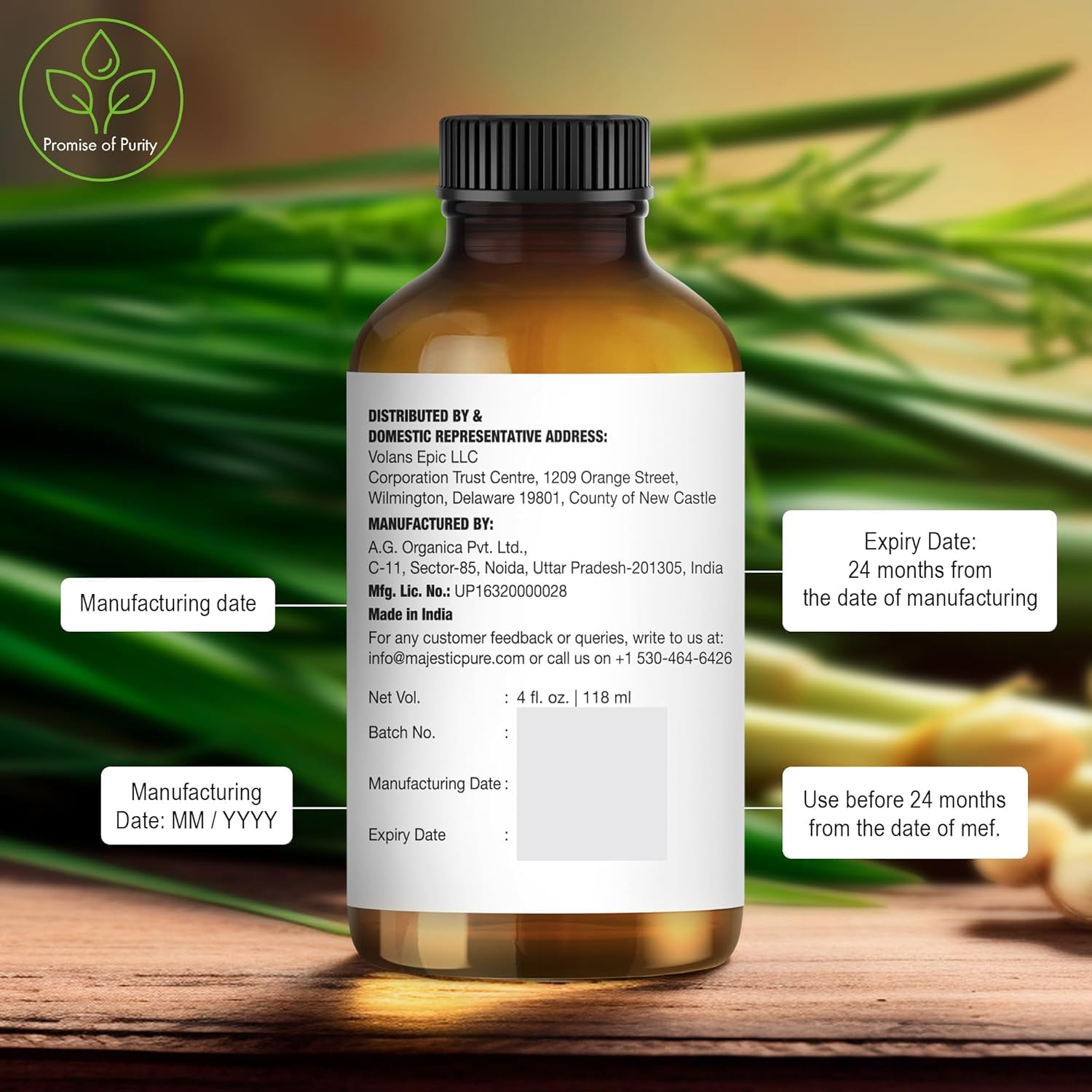 Ingredients label and independent lab testing for Lemongrass oil
