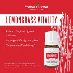 Close-up of Young Living Lemongrass Vitality label highlighting purity and potency.