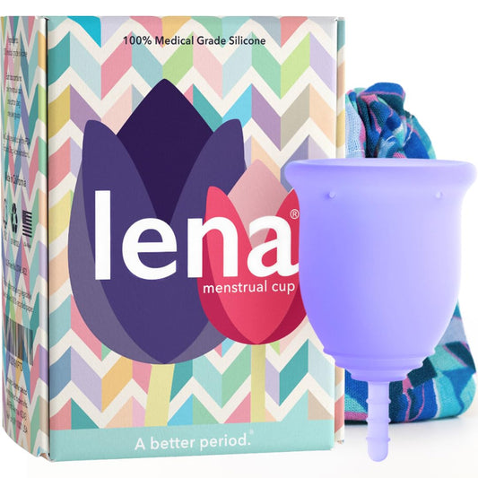 Lena Cup Original Large Purple in hand showing portable, reusable period protection