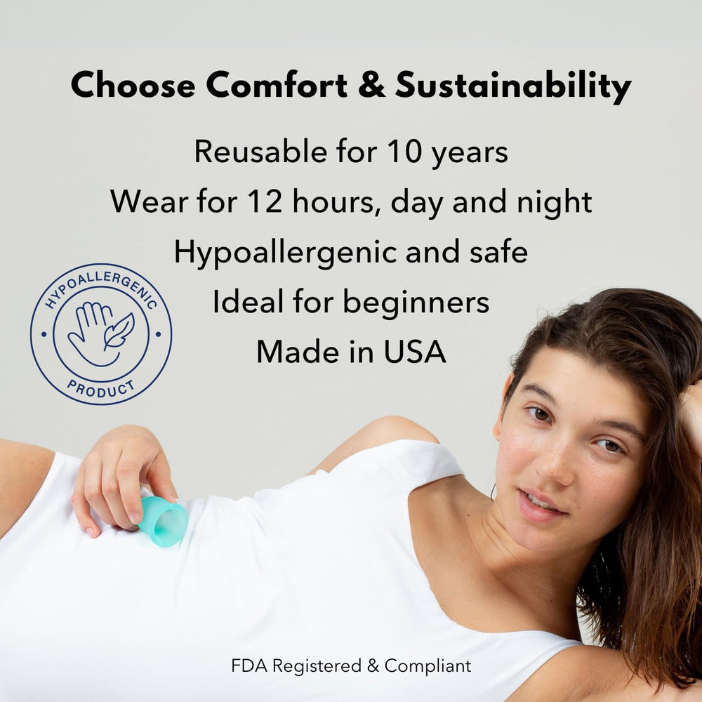 Lena Sensitive Menstrual Cup reusable-years photo conveys long-term sustainability.