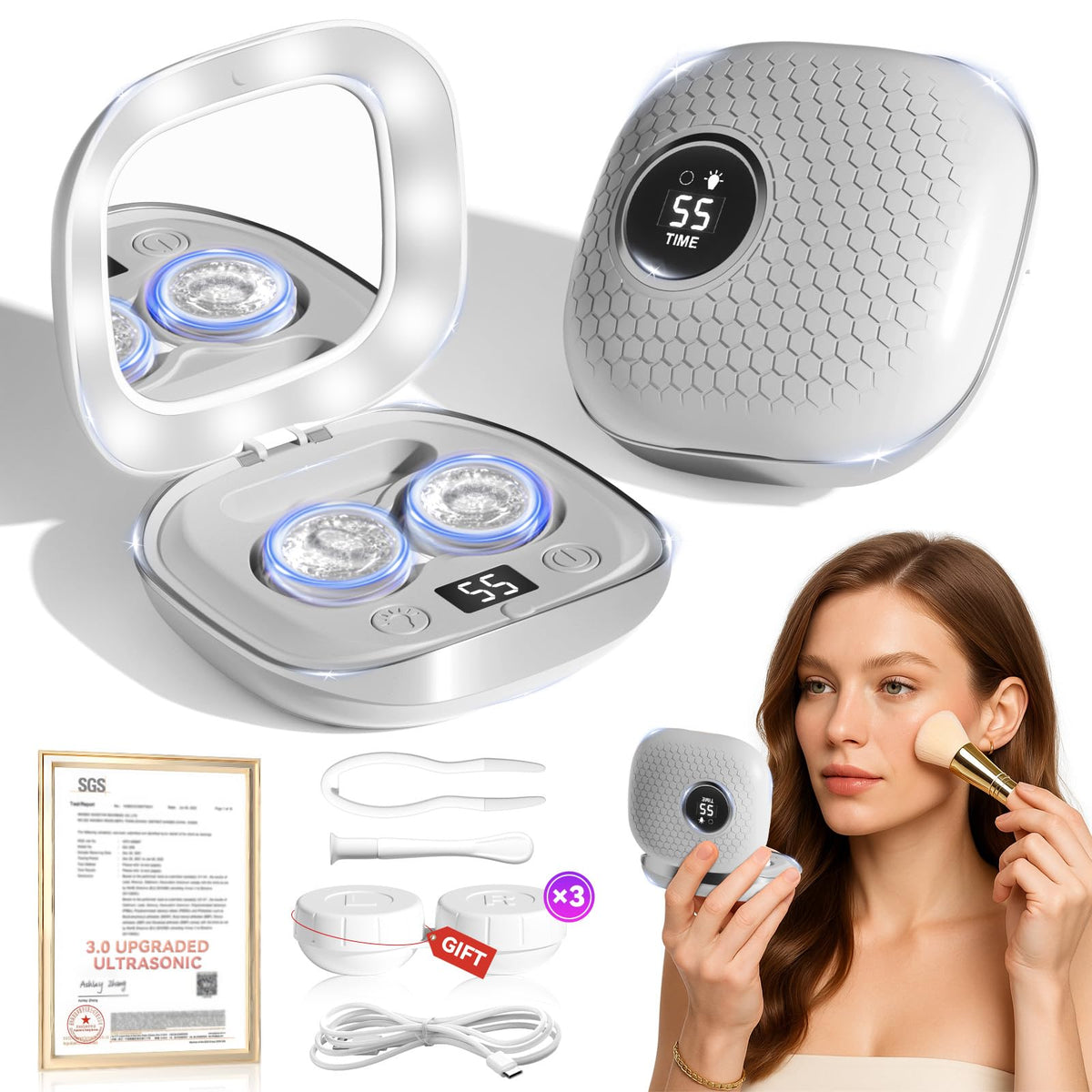Close-up of the 2025 Ultrasonic Contact Lens Cleaner in grey with 50KHz German motor