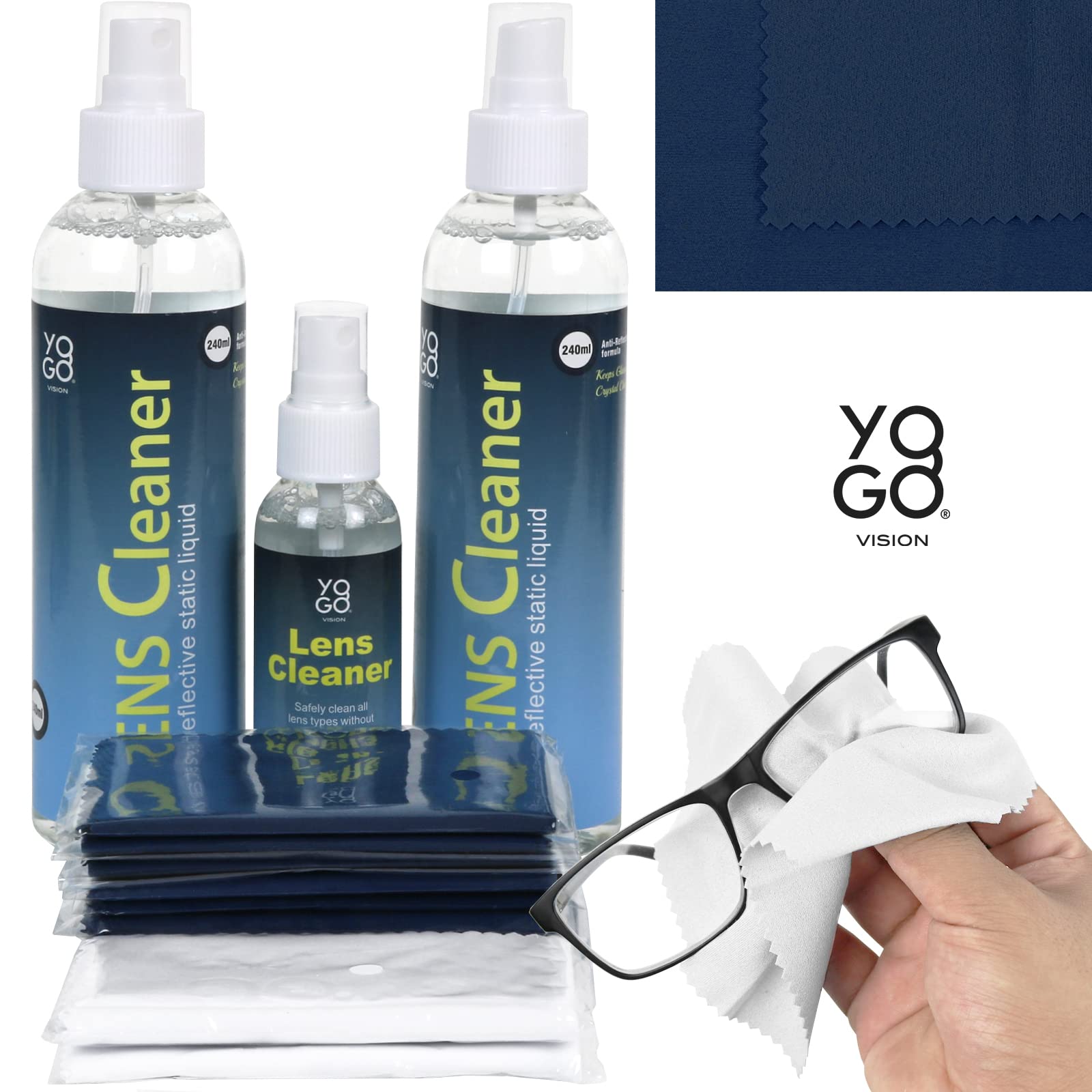 Two 8oz bottles and one 2oz bottle of eyeglasses lens cleaner