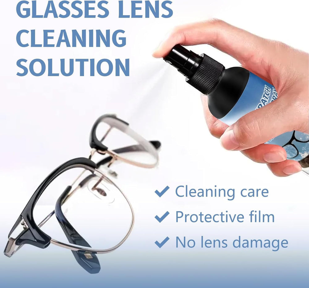 Applying cleaner to eyeglass lens with microfiber cloth