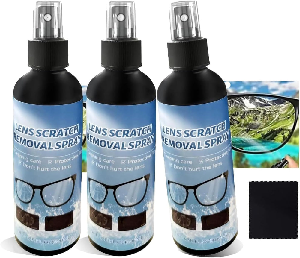 Three spray bottles and microfiber cloth included for lens scratch removal kit