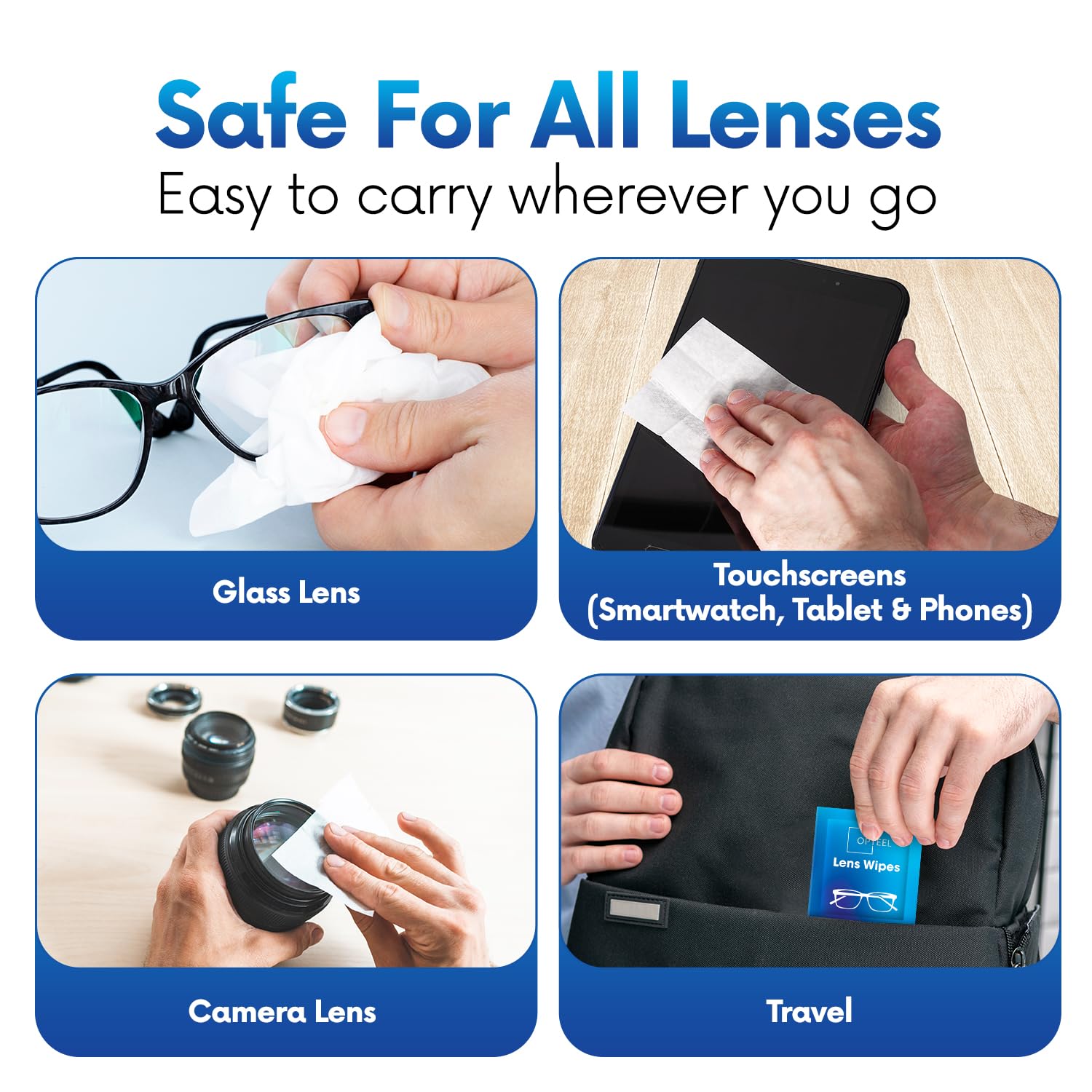 Sunglasses and camera lens cleaned with lens wipes