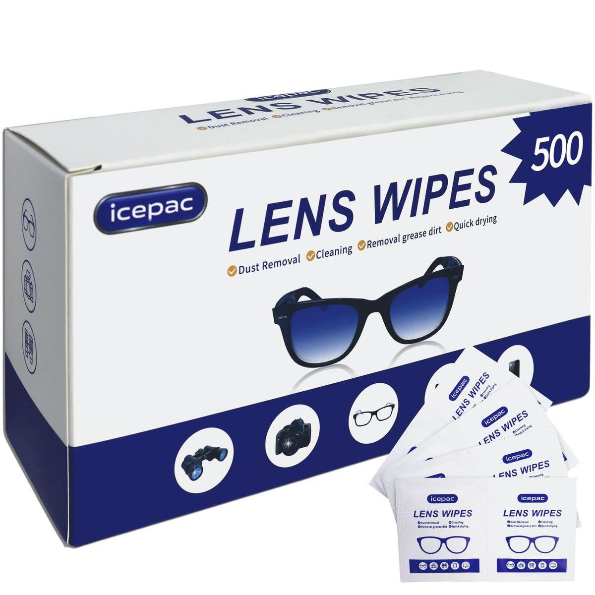 Box of 500 pre-moistened eyeglass lens wipes