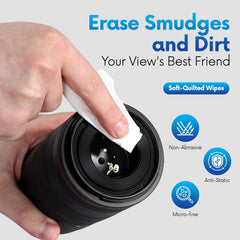 Travel-size, individually wrapped lens cleaning wipes