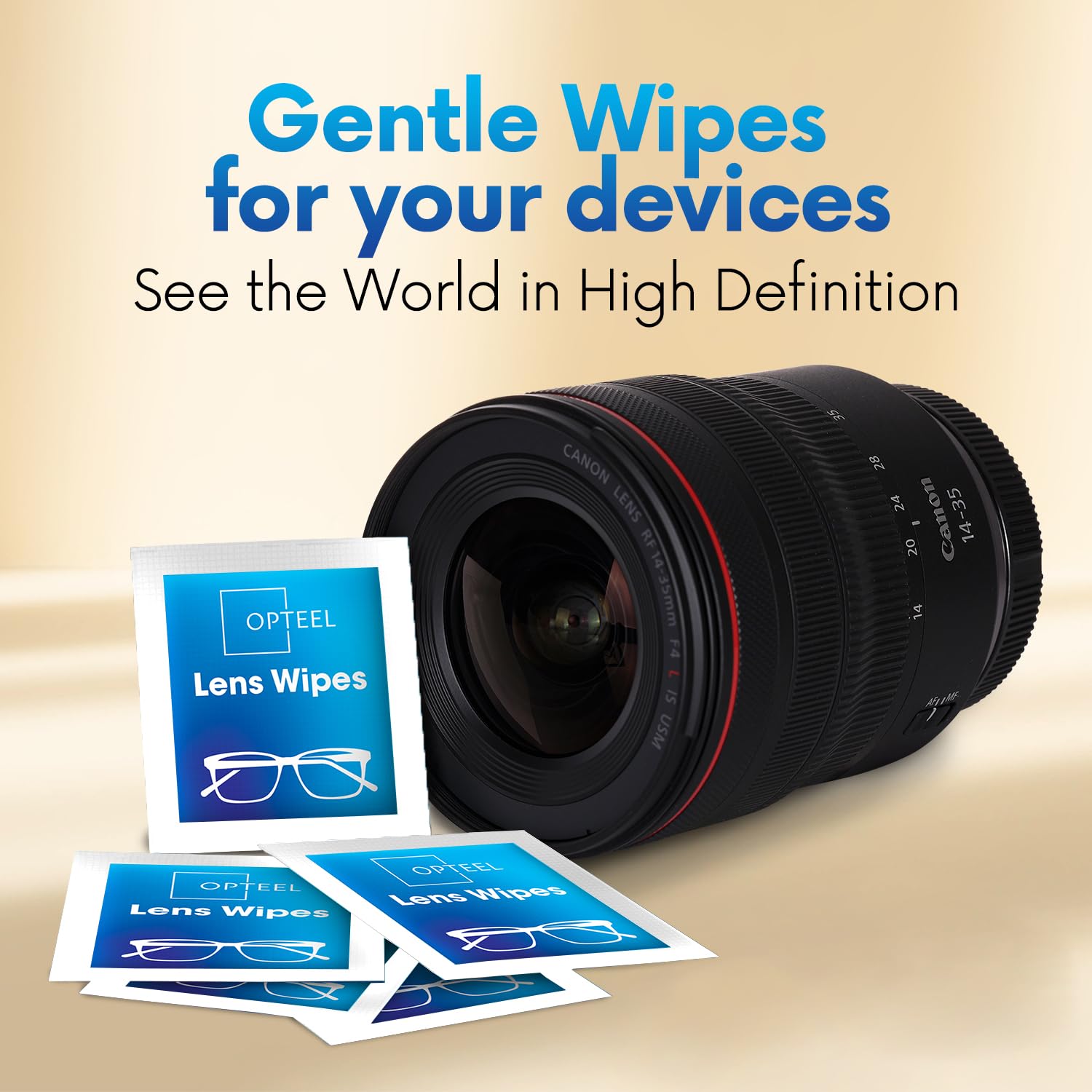 Packaging showcasing streak-free lens wipe formula