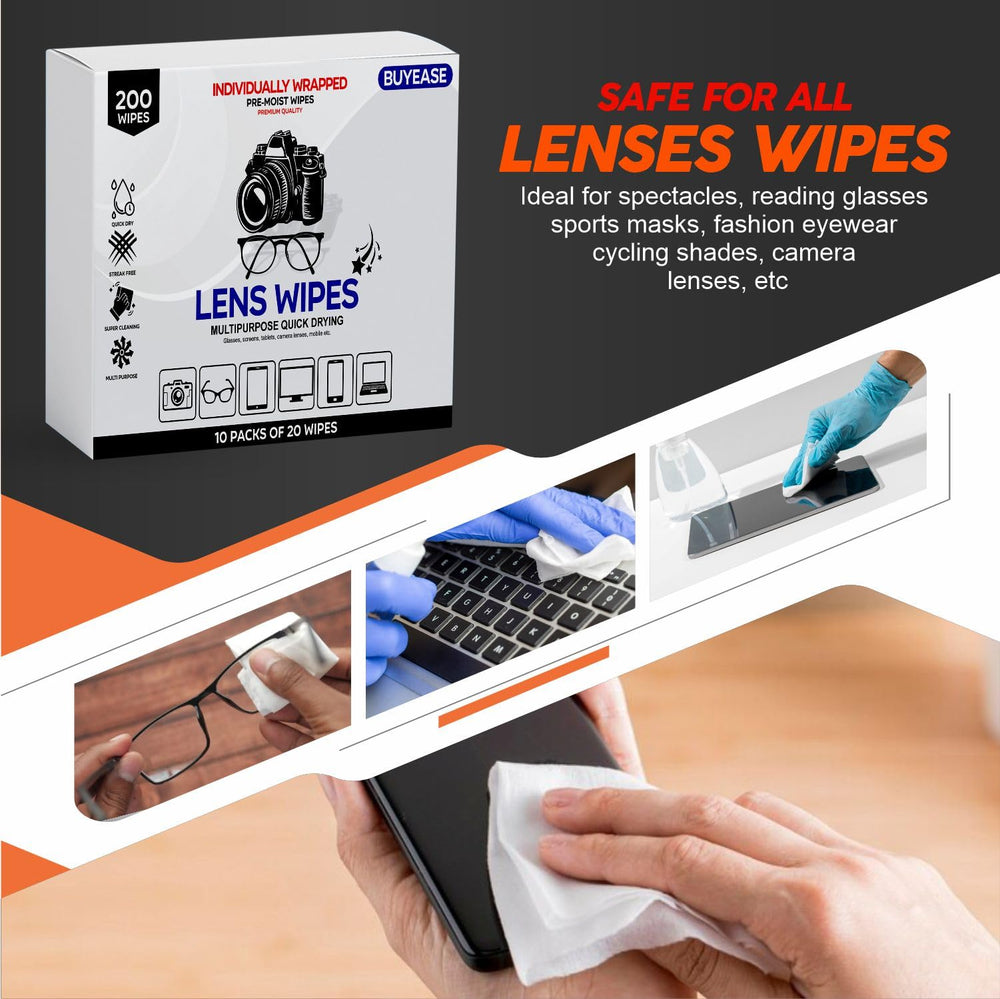 Eyeglasses and camera lenses being cleaned with lens wipes