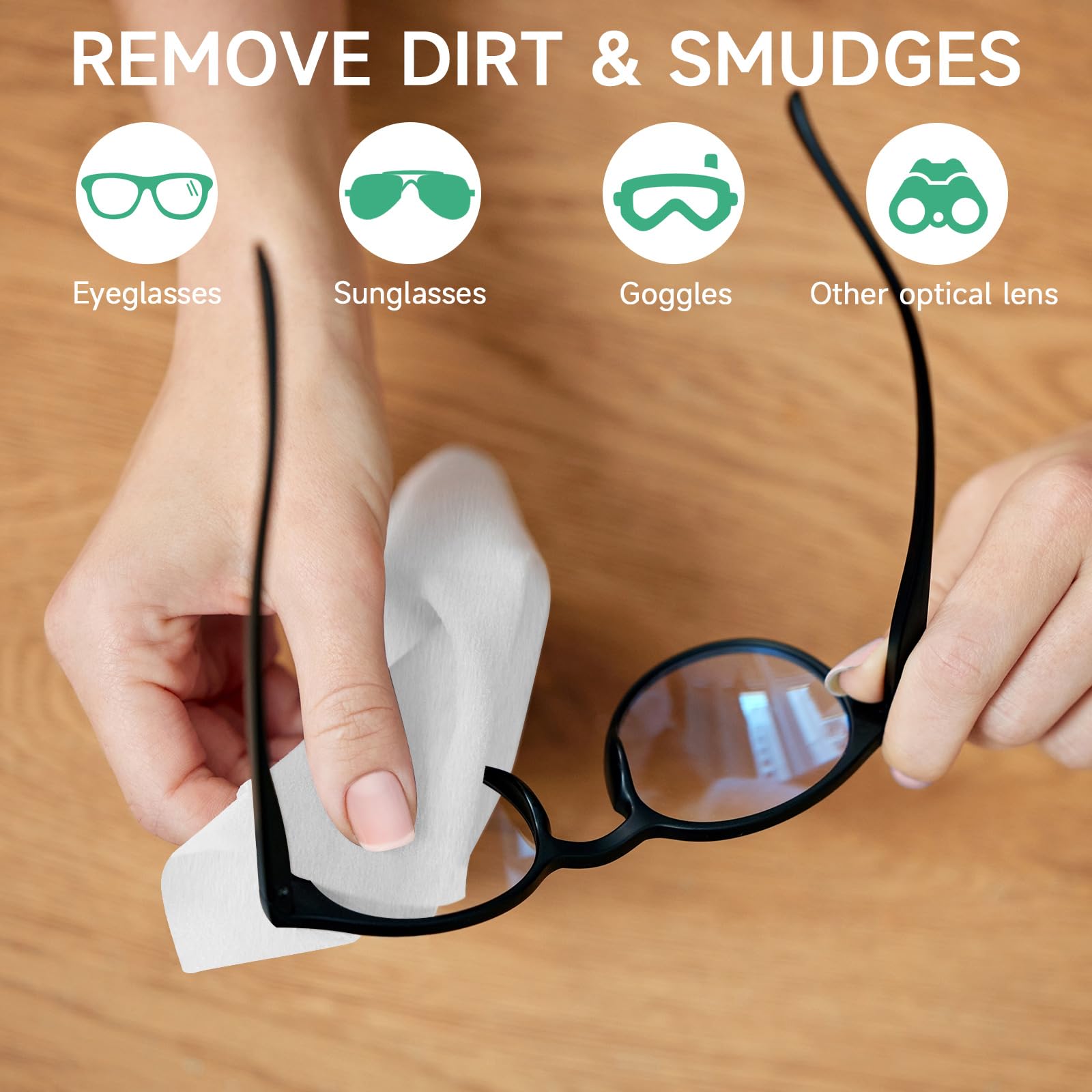 Individually wrapped LENSMATE lens cleaning wipes packaging