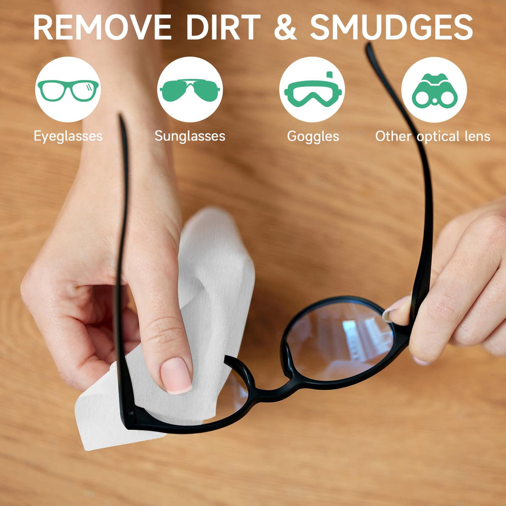 Individually wrapped LENSMATE lens cleaning wipes packaging