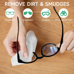 Individually wrapped LENSMATE lens cleaning wipes packaging