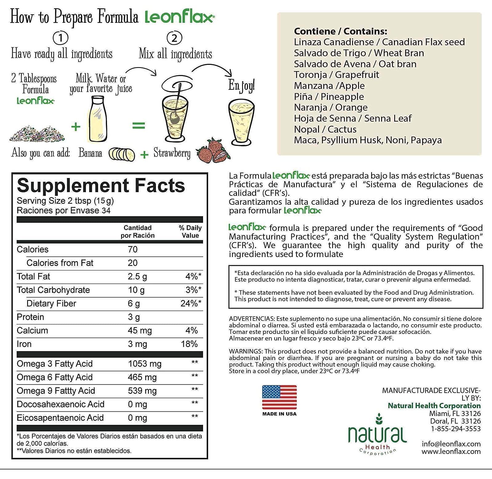 Leonflax fiber content and omega fatty acids illustration