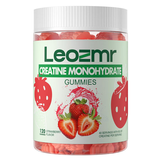 Bottle of Leozmr Creatine Monohydrate Gummies Strawberry 120 count