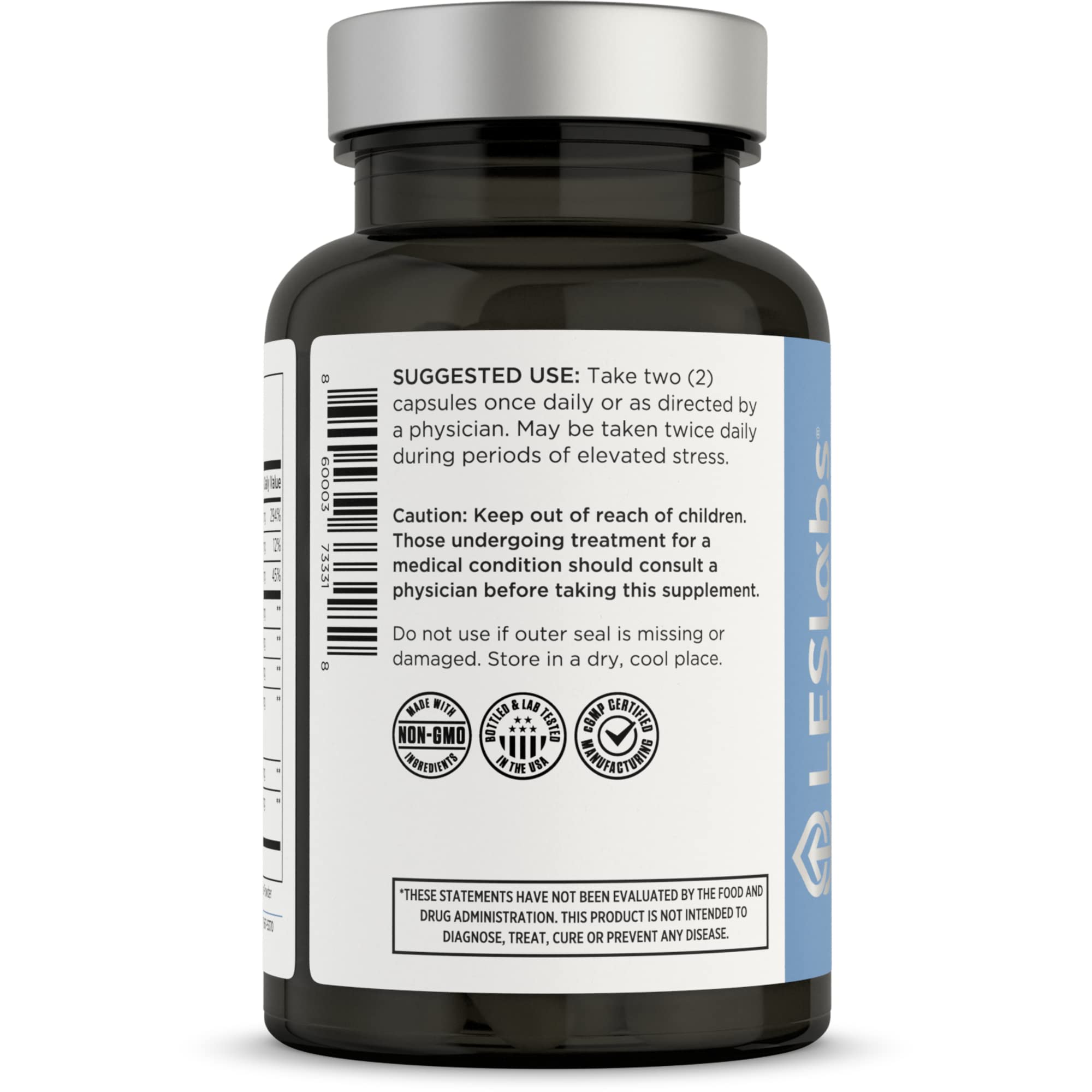 Graphic illustrating key ingredients: GABA, L-Theanine, Passionflower