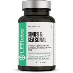 LES Labs Sinus & Seasonal bottle front showing non-drowsy nasal support for clearer breathing.