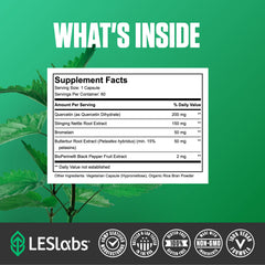LES Labs Sinus & Seasonal ingredients label features nettle root quercetin bromelain and butterbur.