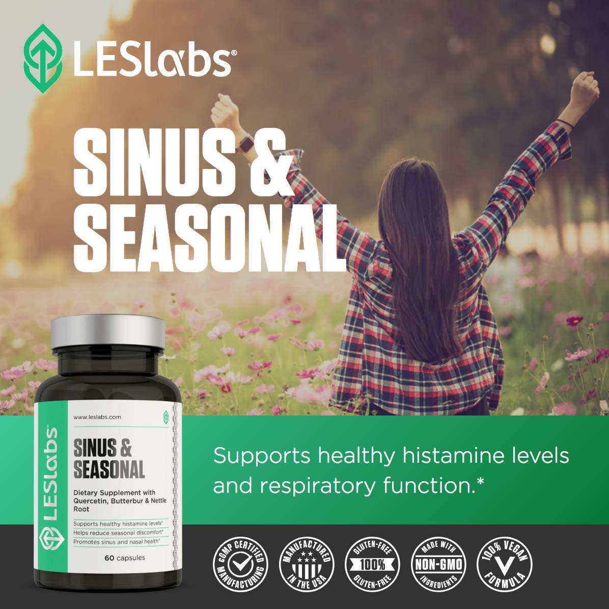 LES Labs Sinus & Seasonal packaging on shelf communicates Non-GMO formula.