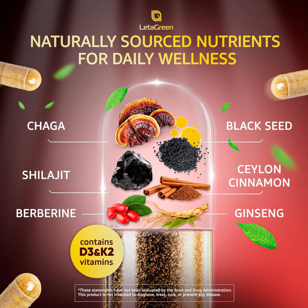 Ingredients collage: Shilajit, berberine, black seed oil, cinnamon, ginseng, and chaga