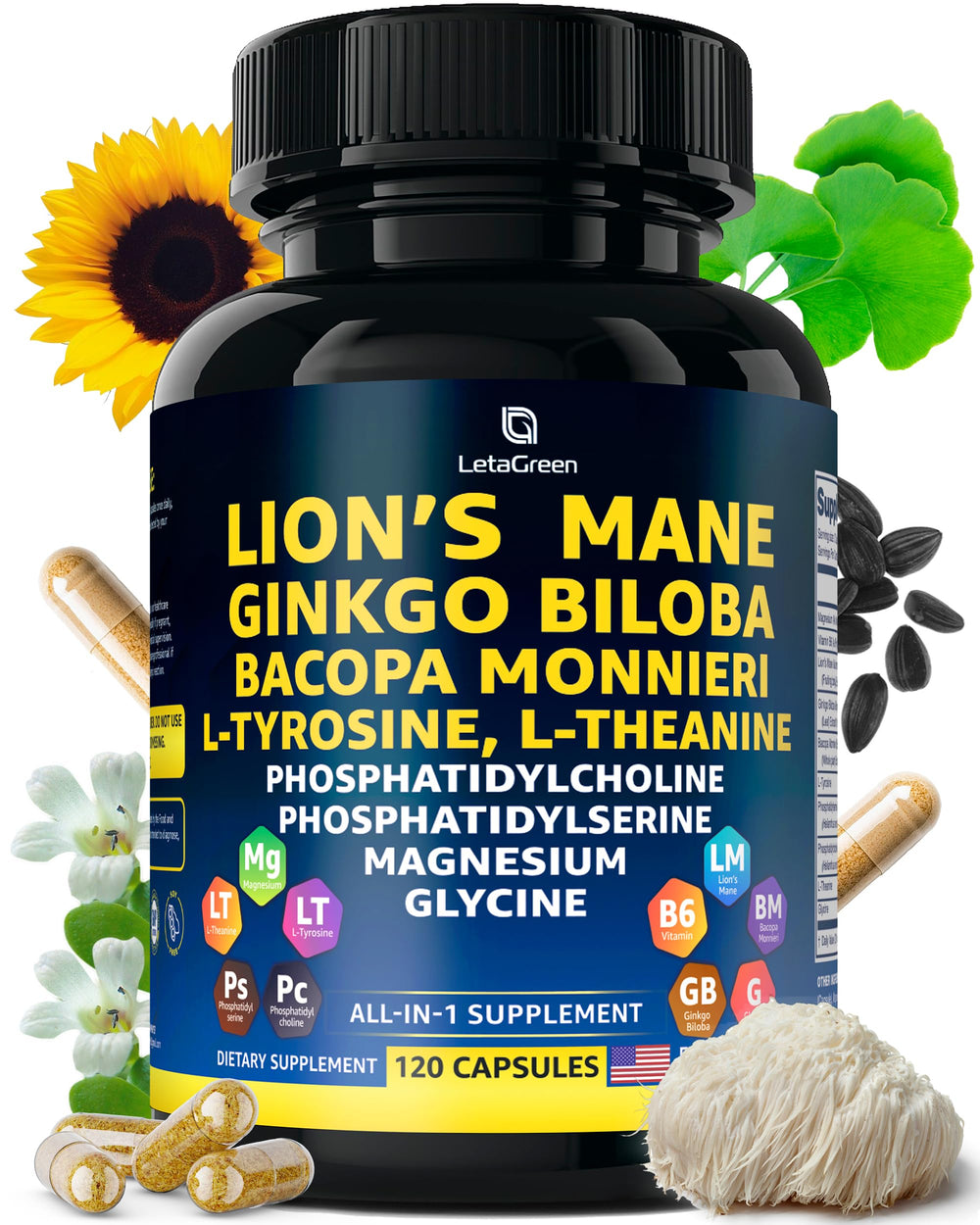 Bottle of LetaGreen Lion's Mane capsules with Ginkgo Biloba and other ingredients