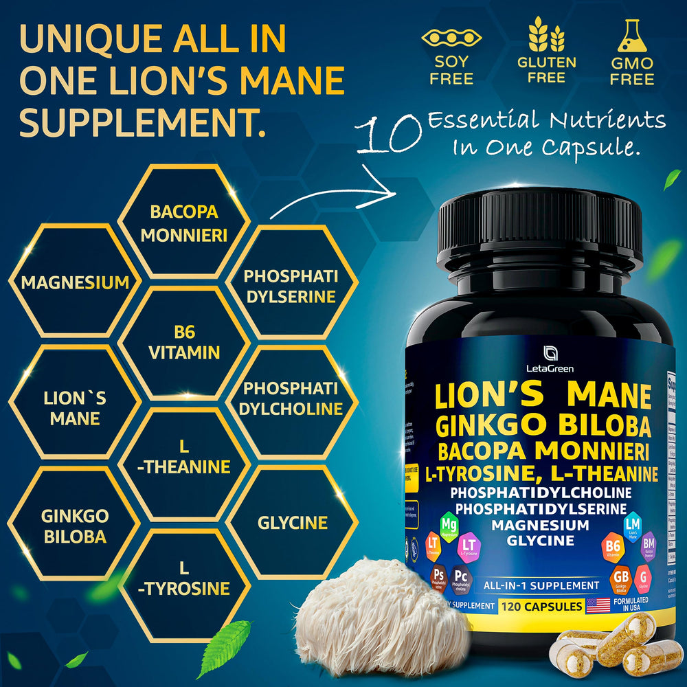 Close-up of LetaGreen Lion's Mane capsules in a vegan capsule