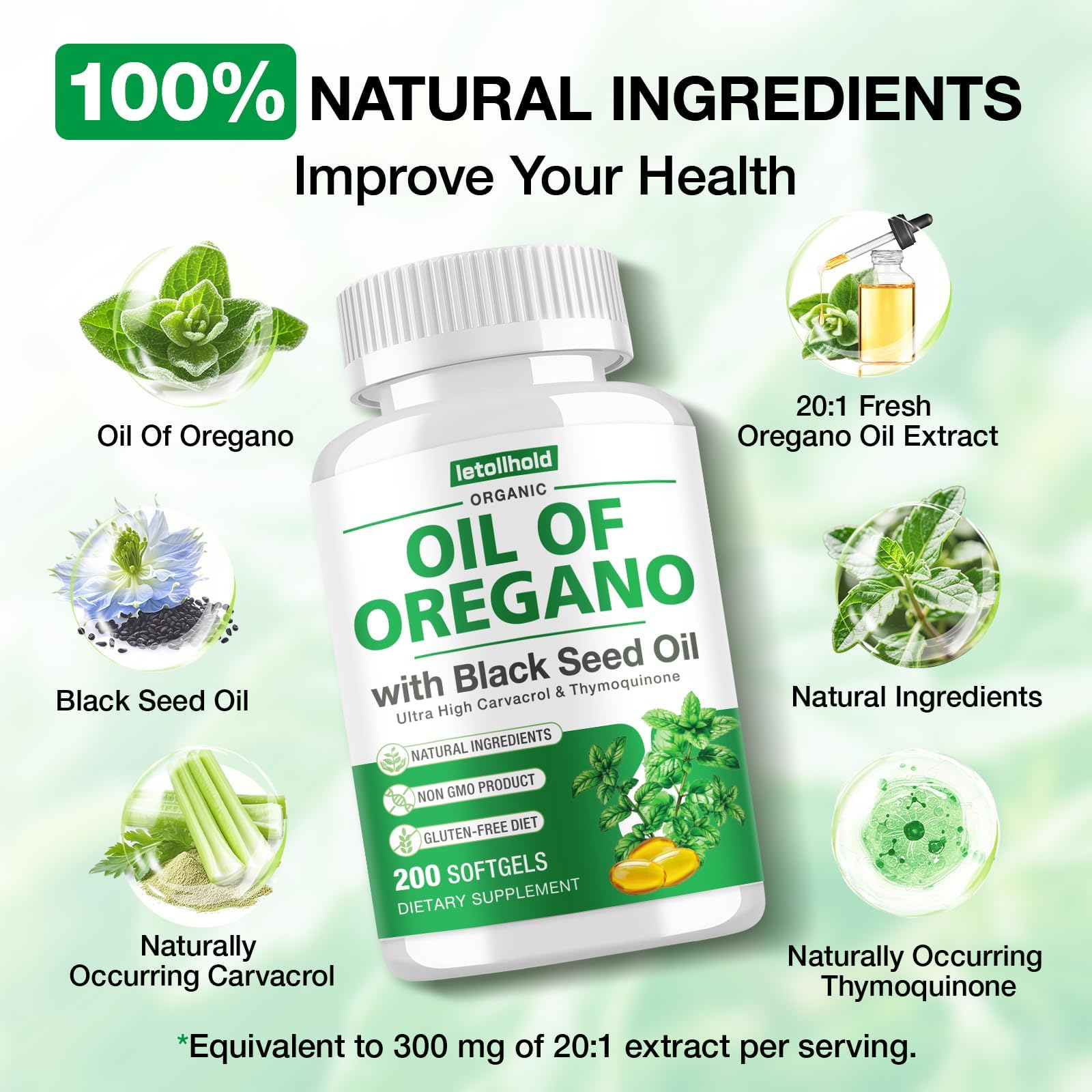Close-up of oregano oil and black seed oil capsules