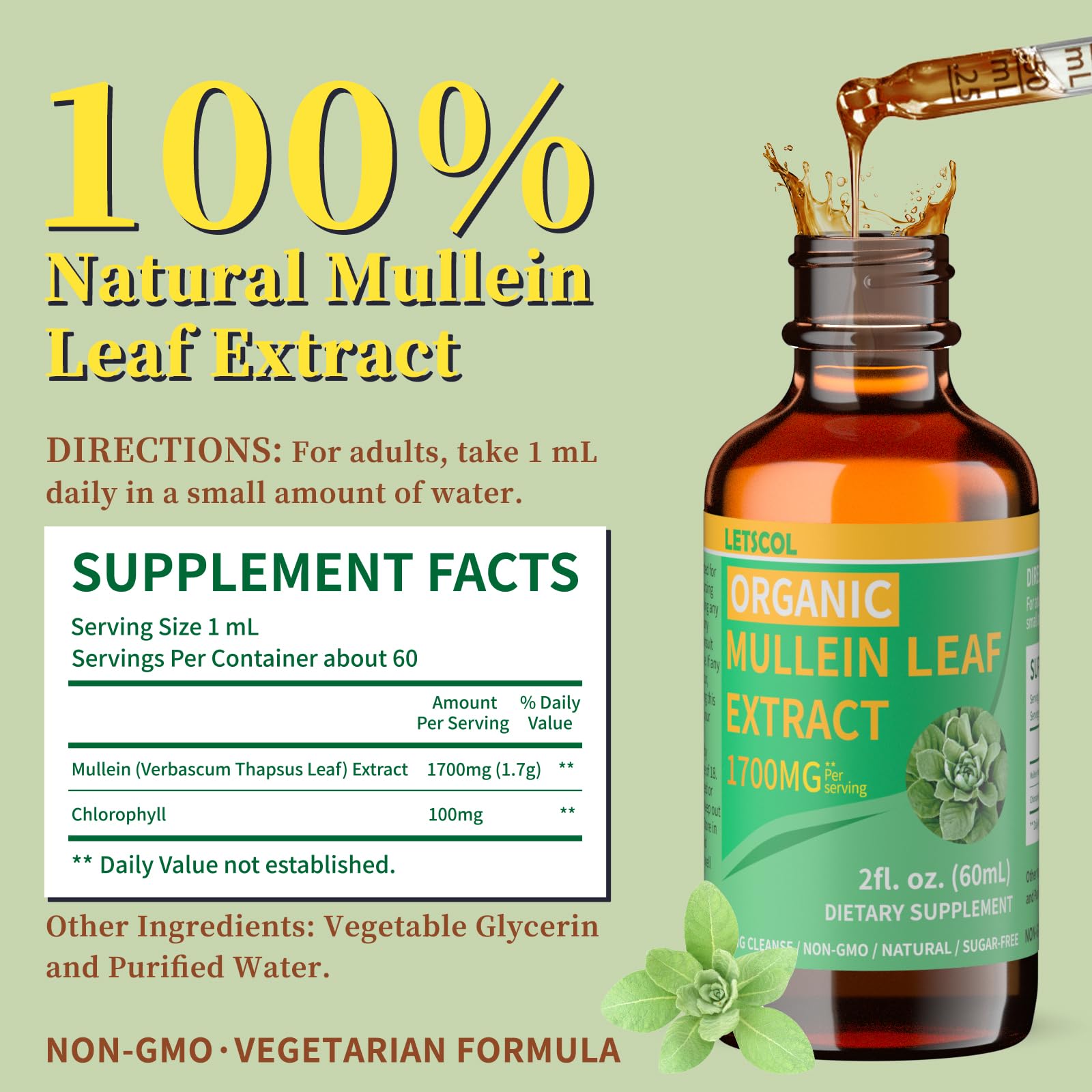 Ingredient panel showing 1700mg Mullein Leaf Extract
