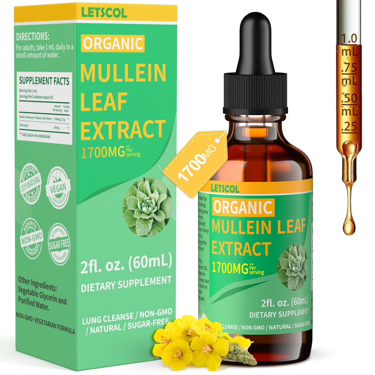 LETSCOL Organic Mullein Drops bottle with dropper