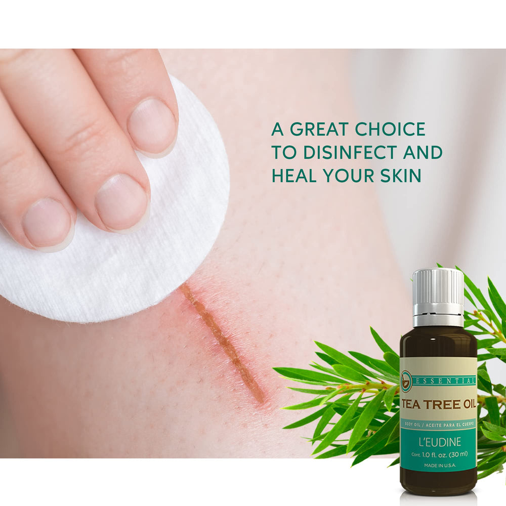 L’eudine Tea Tree Oil bottle with dropper for acne-prone skin care routines.