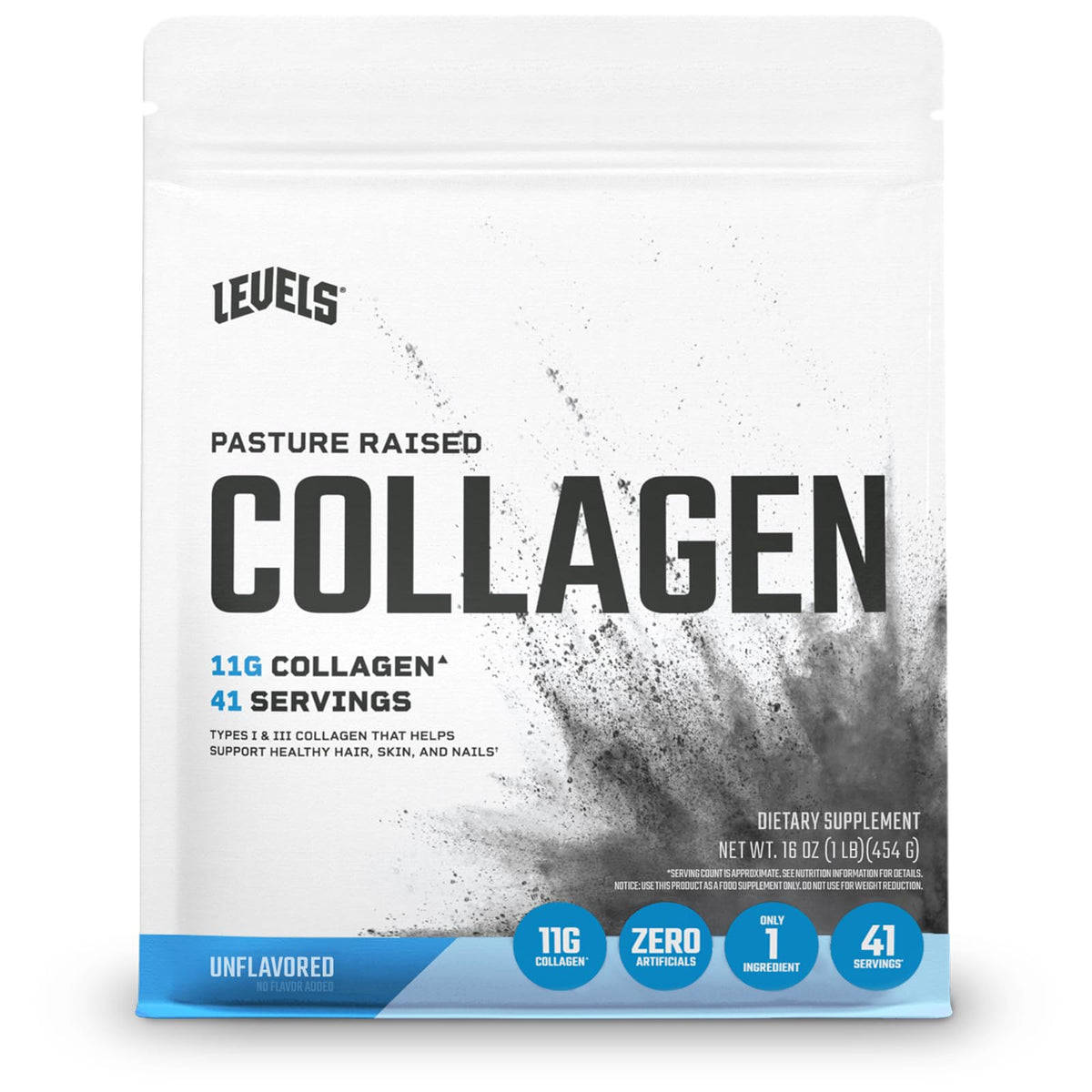 Front view of Levels Collagen Peptides unflavored 1 lb tub